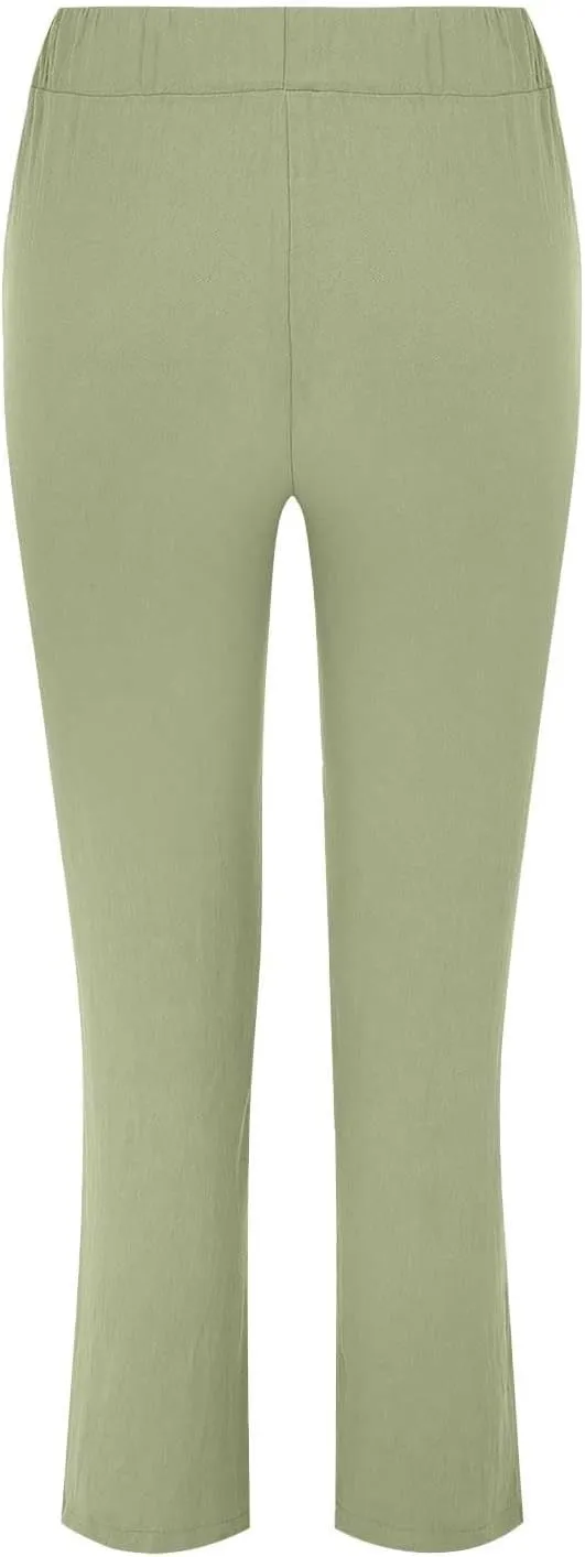Women's Cotton Linen Micro Flared Pants Solid Summer Drawstring Wide Leg Pants Elastic Palazzo Trousers with Pockets