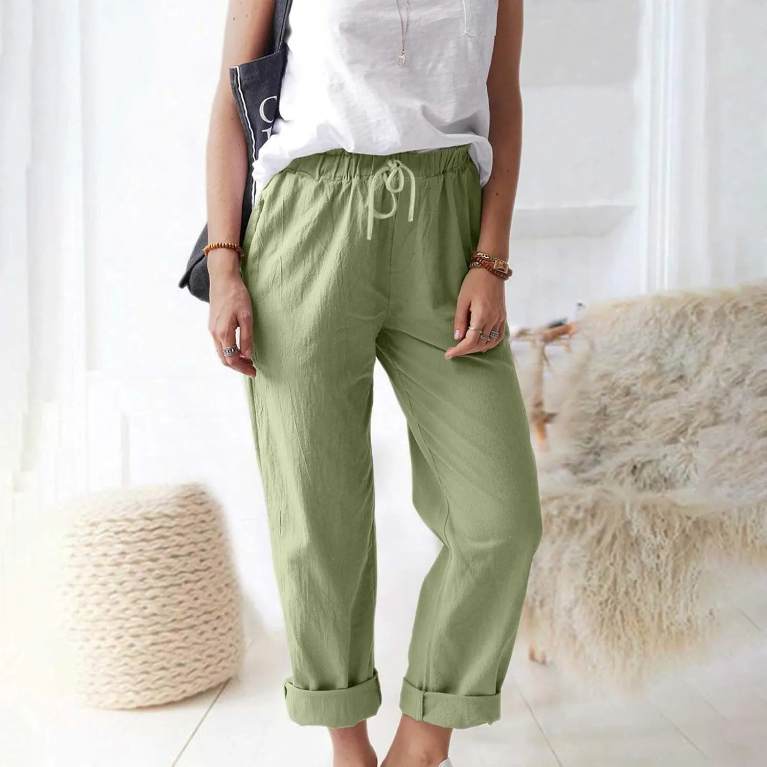 Women's Cotton Linen Micro Flared Pants Solid Summer Drawstring Wide Leg Pants Elastic Palazzo Trousers with Pockets