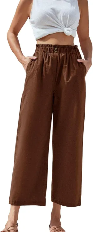 Women's Cotton Linen Summer Palazzo Pants Clothes Solid Casual Pants Summer Boho Wide Leg High Waist Summer Pants