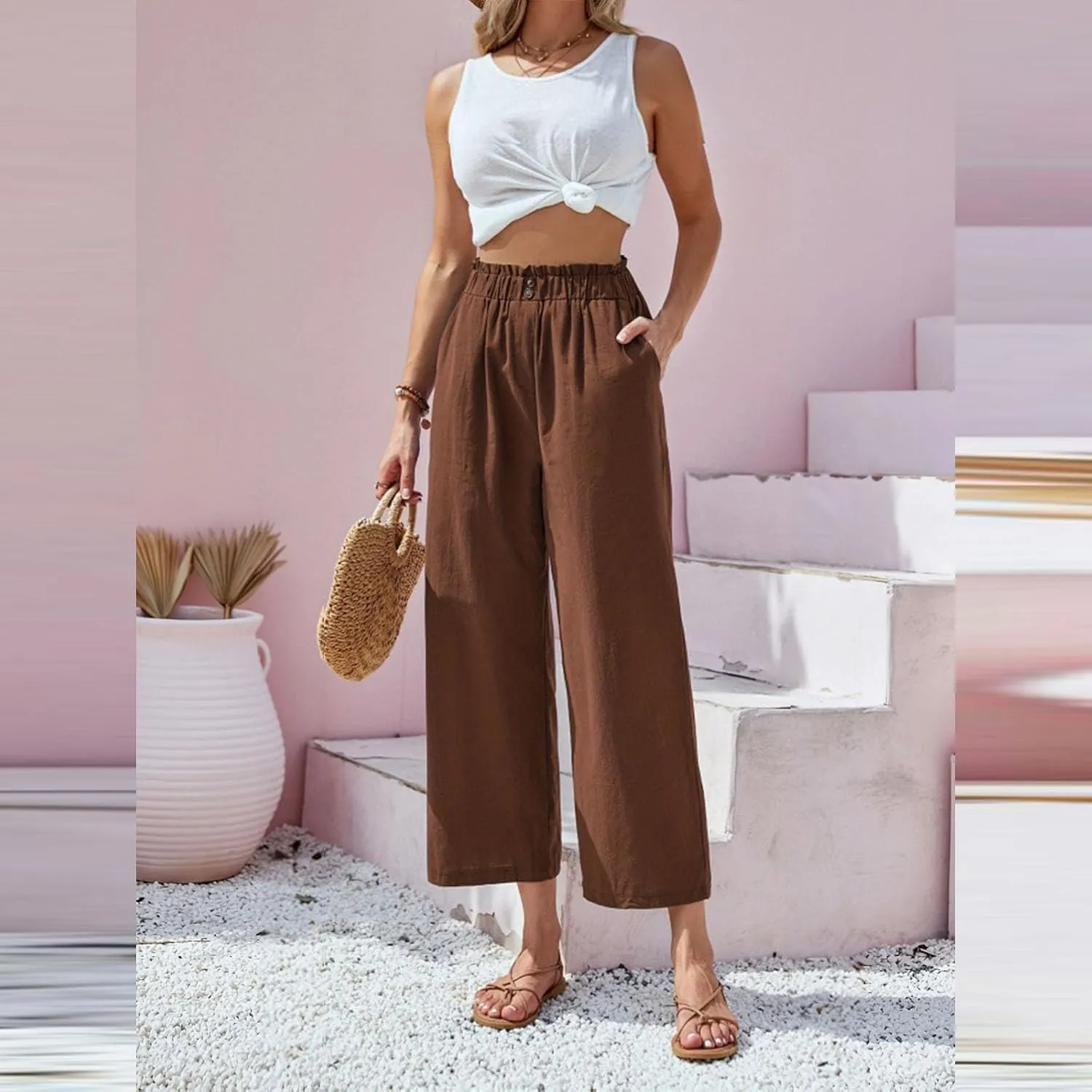 Women's Cotton Linen Summer Palazzo Pants Clothes Solid Casual Pants Summer Boho Wide Leg High Waist Summer Pants