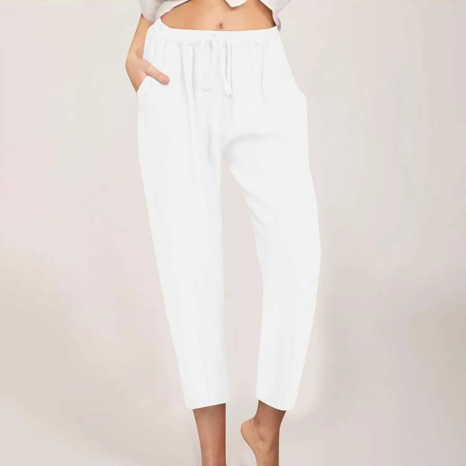 Women's Cotton Linen Tapered Pants Fashion Drawstring Elastic Waist Trousers Beach Casual Pant Vacation Travel Outfit