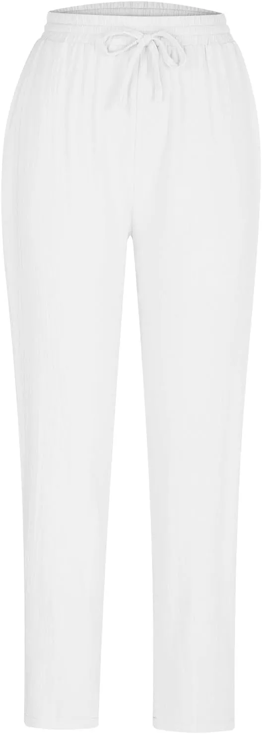 Women's Cotton Linen Tapered Pants Fashion Drawstring Elastic Waist Trousers Beach Casual Pant Vacation Travel Outfit