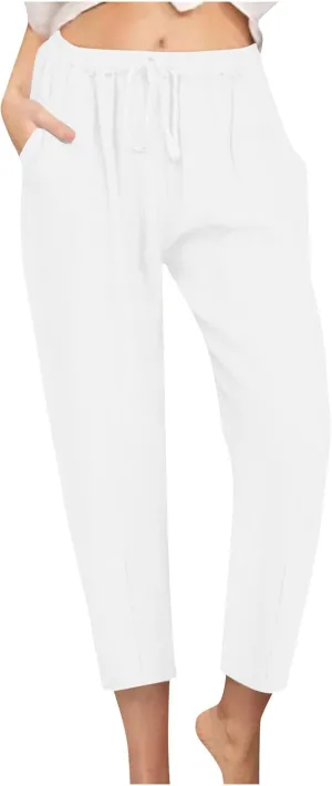 Women's Cotton Linen Tapered Pants Fashion Drawstring Elastic Waist Trousers Beach Casual Pant Vacation Travel Outfit