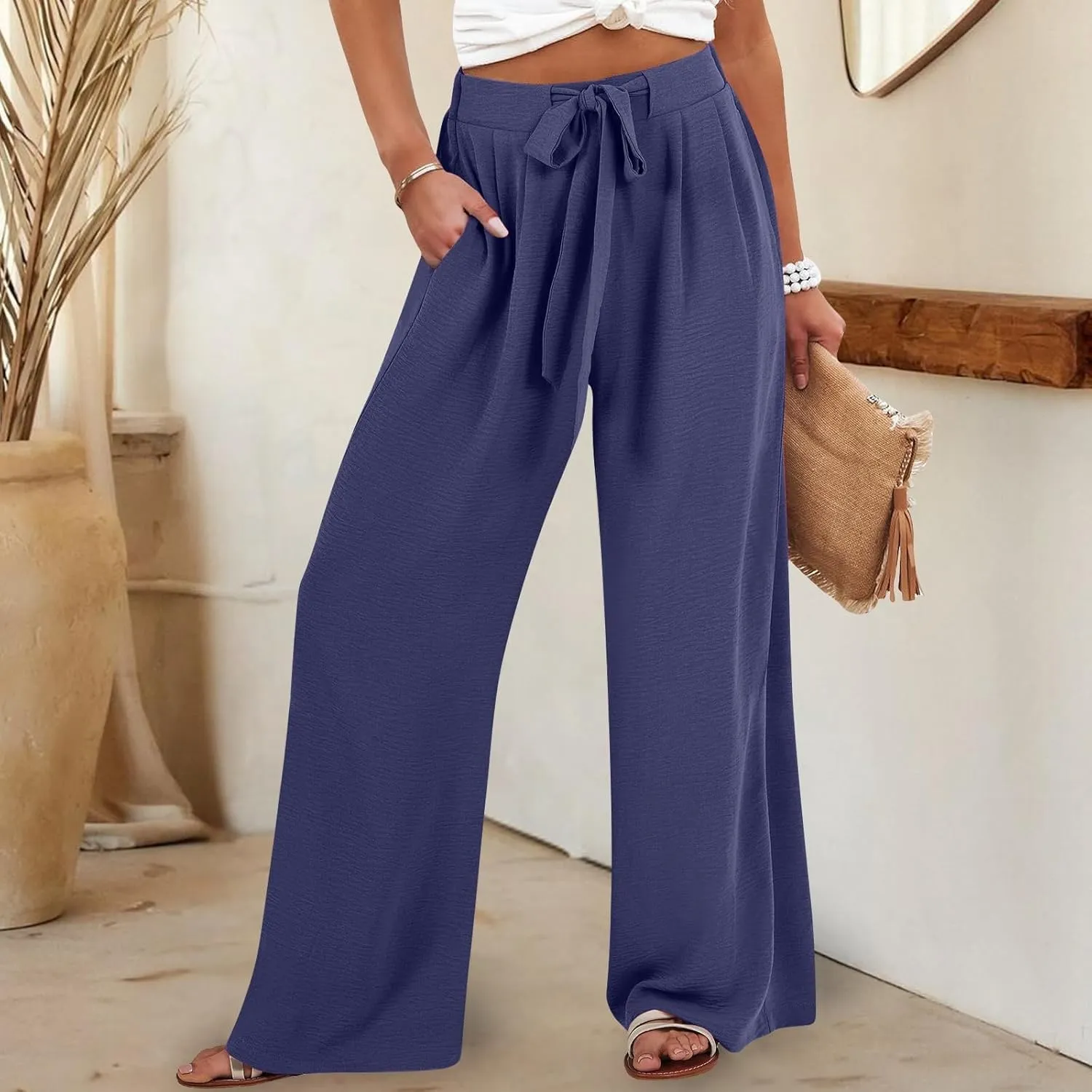Women's Linen Palazzo Pants High Waist Wide Leg Flowy Pants Summer Beach Vacation Clothes Casual Loose Fit Outfits