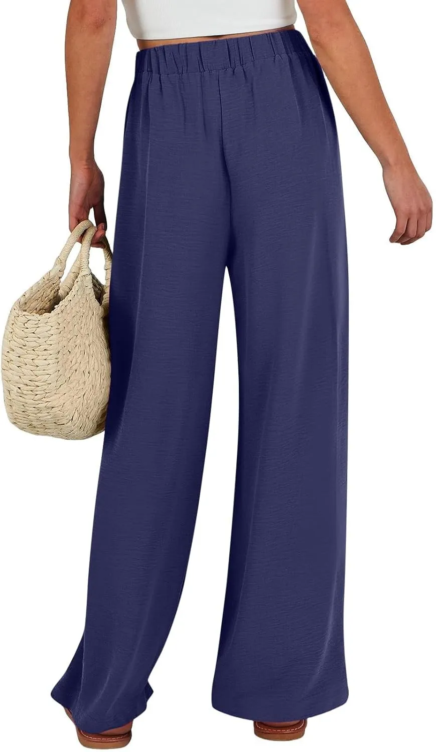 Women's Linen Palazzo Pants High Waist Wide Leg Flowy Pants Summer Beach Vacation Clothes Casual Loose Fit Outfits
