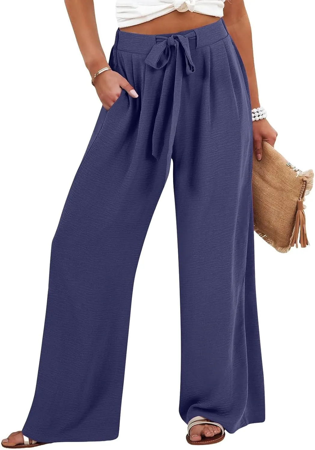 Women's Linen Palazzo Pants High Waist Wide Leg Flowy Pants Summer Beach Vacation Clothes Casual Loose Fit Outfits