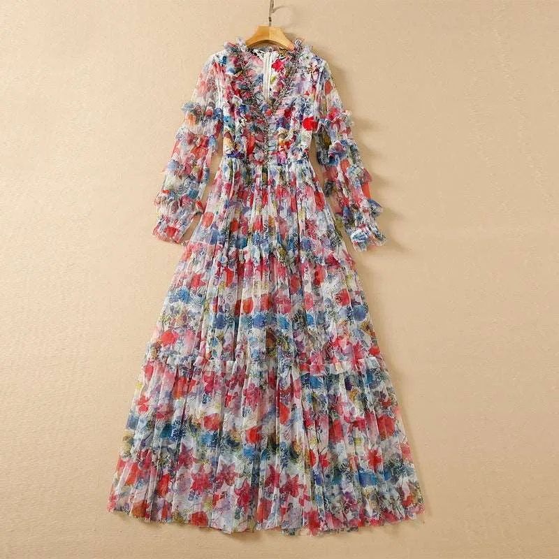 Women's Mesh Floral Beaded V-neck Long-sleeve Large Swing Dress
