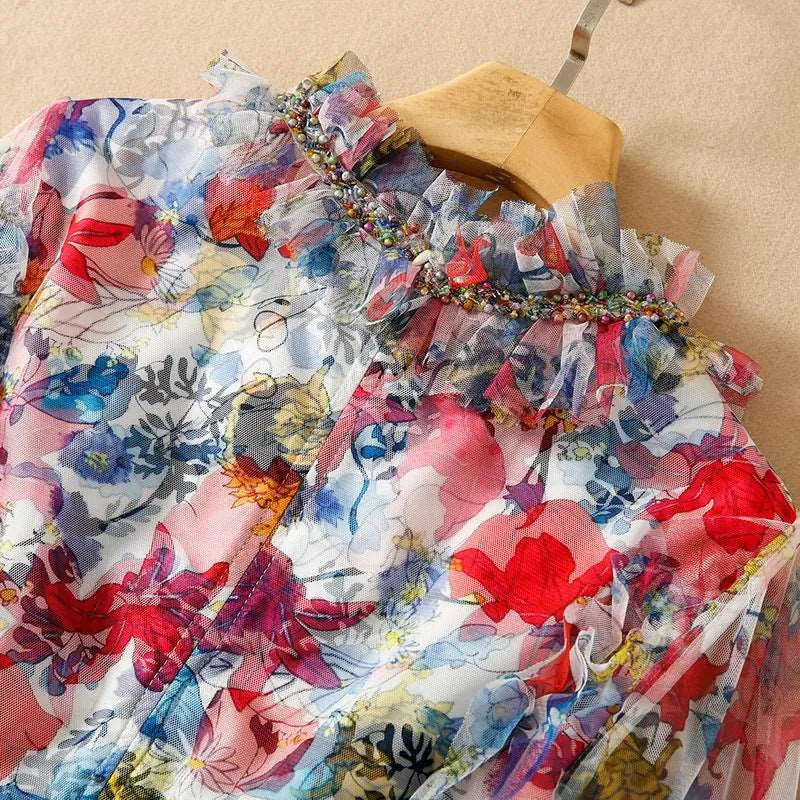 Women's Mesh Floral Beaded V-neck Long-sleeve Large Swing Dress