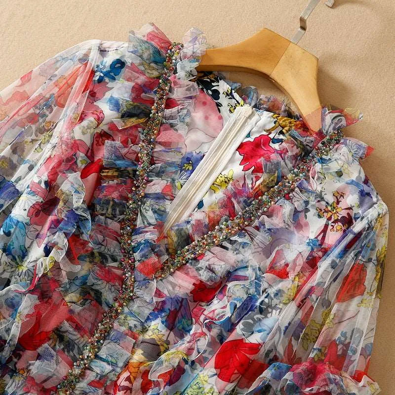 Women's Mesh Floral Beaded V-neck Long-sleeve Large Swing Dress