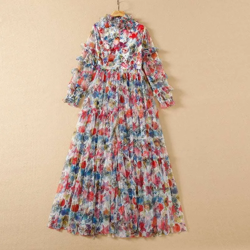 Women's Mesh Floral Beaded V-neck Long-sleeve Large Swing Dress