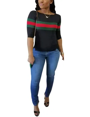 Women's Ribbed Ribbon Stripe Patchwork Half Sleeve T-Shirt