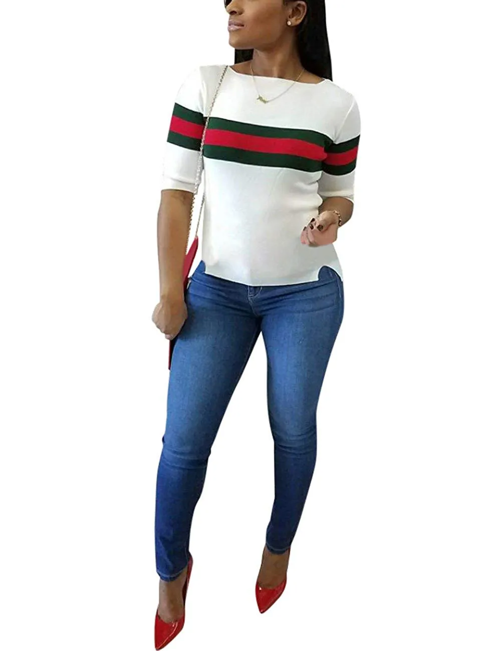 Women's Ribbed Ribbon Stripe Patchwork Half Sleeve T-Shirt