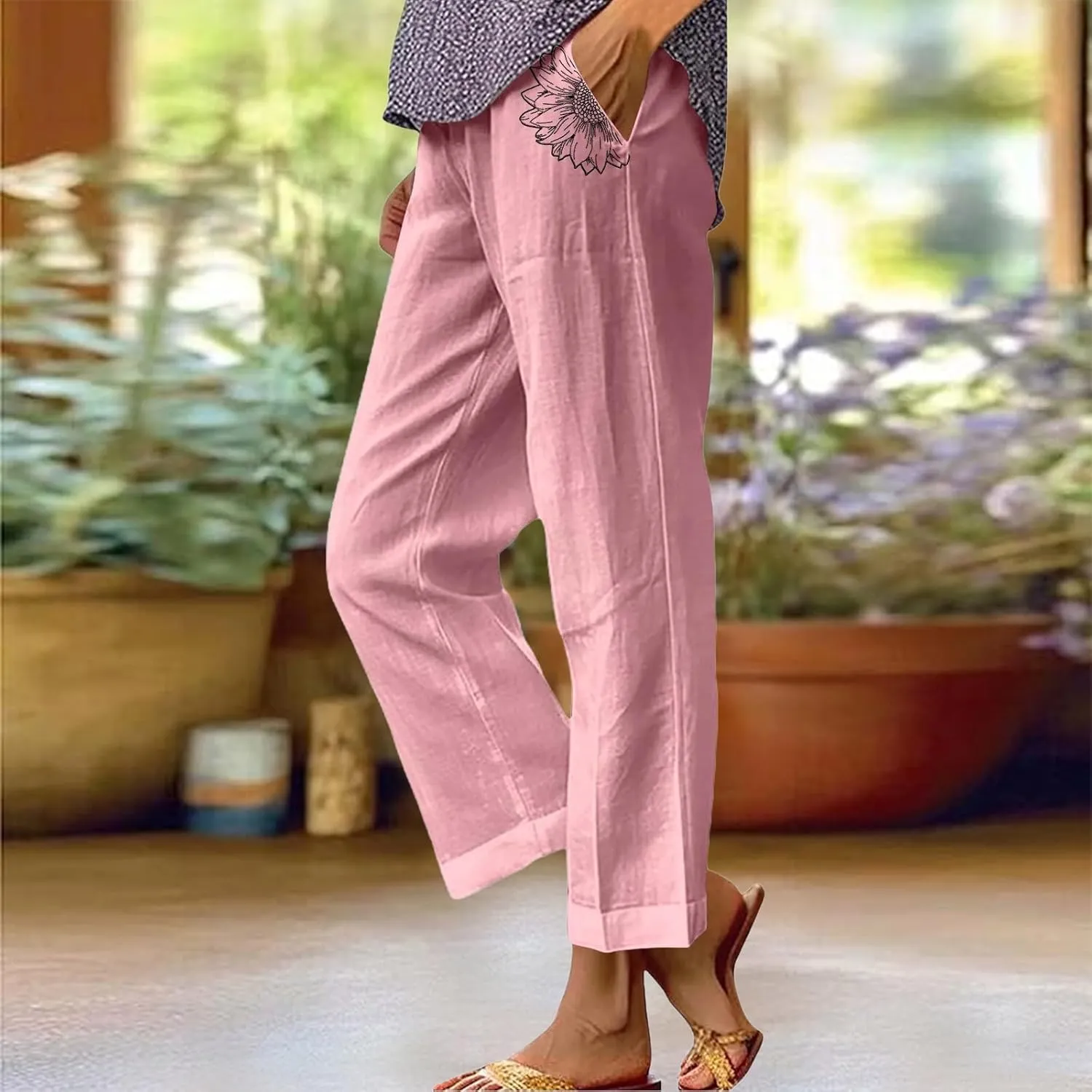 Women's Solid Cotton Linen Straight Pants Elastic High Waisted Casual Pants with Printed Pockets Summer Comfy Trousers