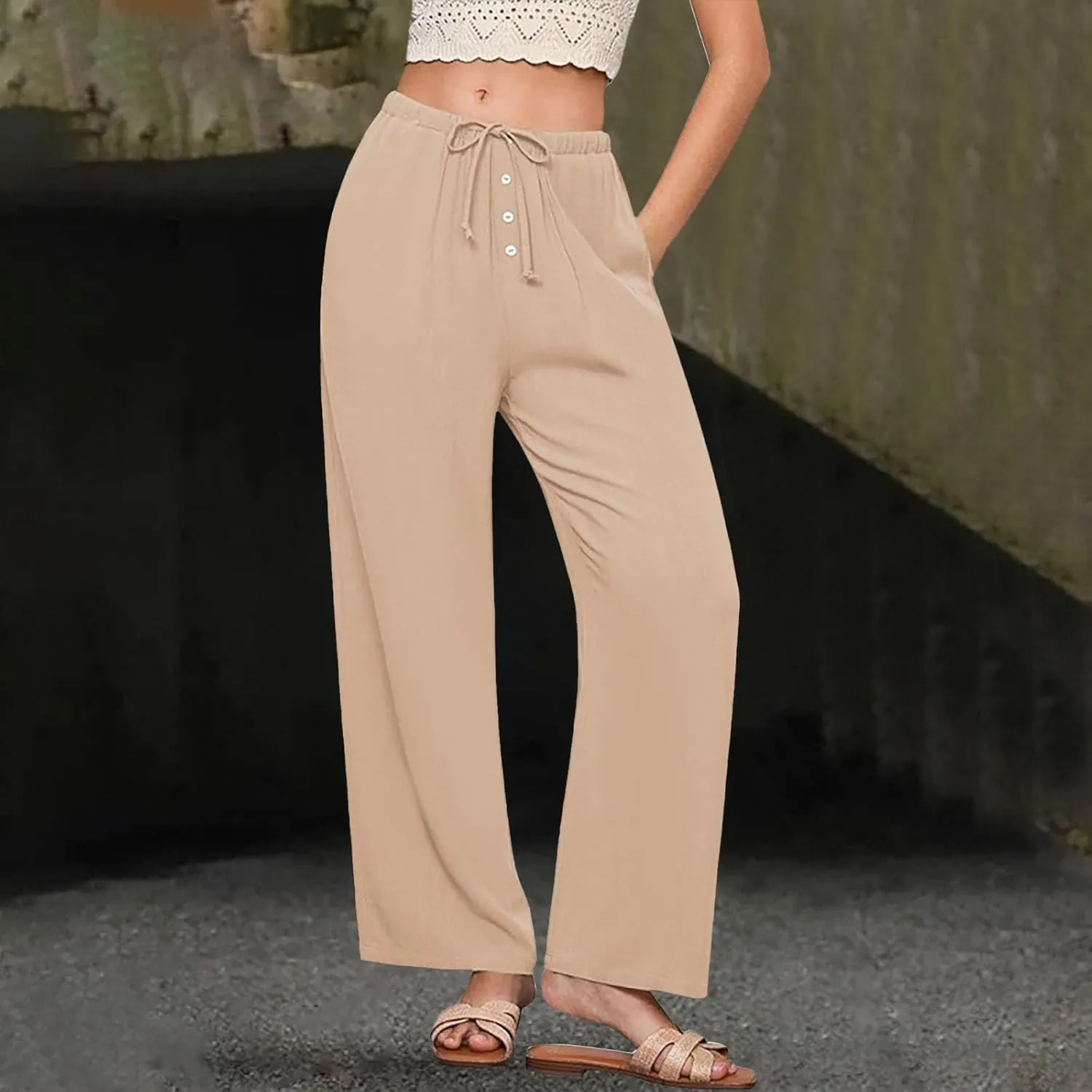 Women's Solid Cotton Linen Wide Leg Pants Low Waisted Casual Trousers Lightweight Summer Drawstring Beach Vacation Trouser