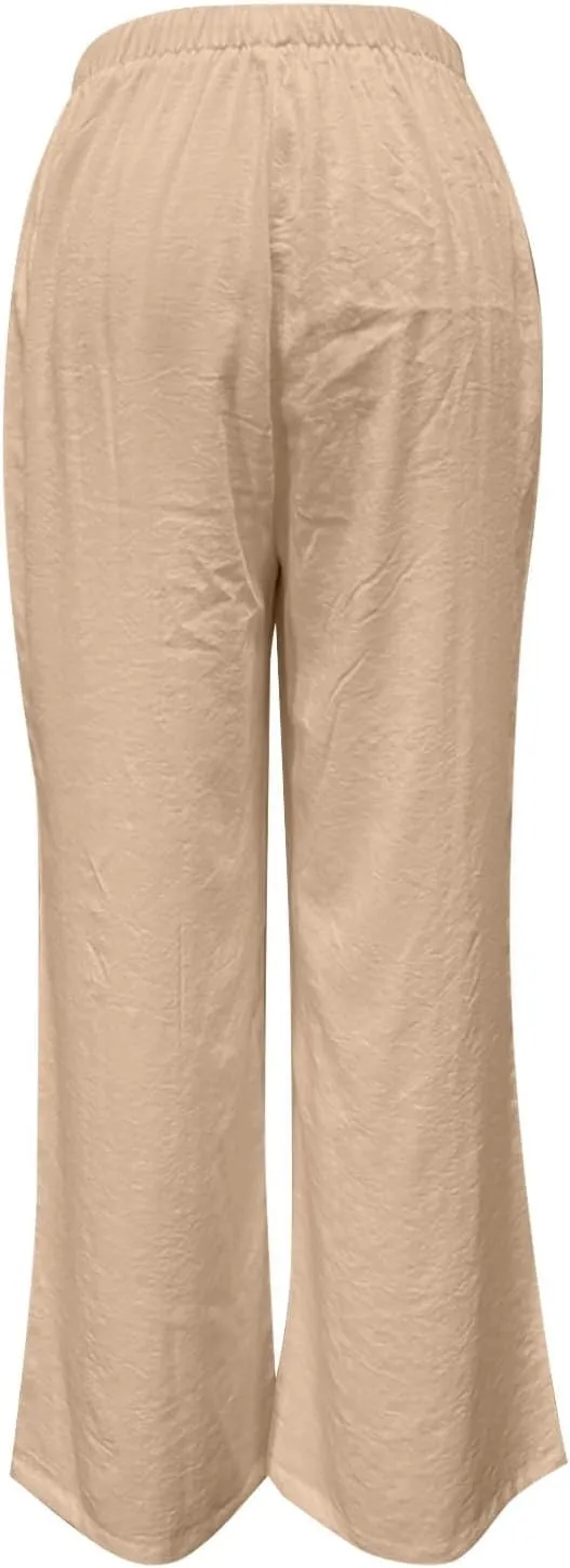 Women's Solid Cotton Linen Wide Leg Pants Low Waisted Casual Trousers Lightweight Summer Drawstring Beach Vacation Trouser