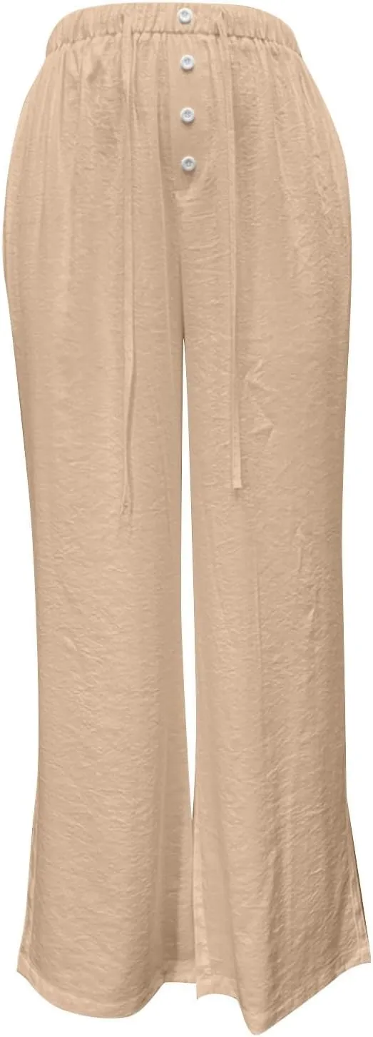 Women's Solid Cotton Linen Wide Leg Pants Low Waisted Casual Trousers Lightweight Summer Drawstring Beach Vacation Trouser