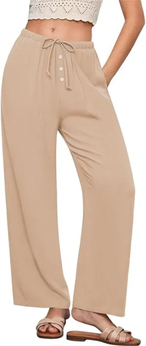 Women's Solid Cotton Linen Wide Leg Pants Low Waisted Casual Trousers Lightweight Summer Drawstring Beach Vacation Trouser