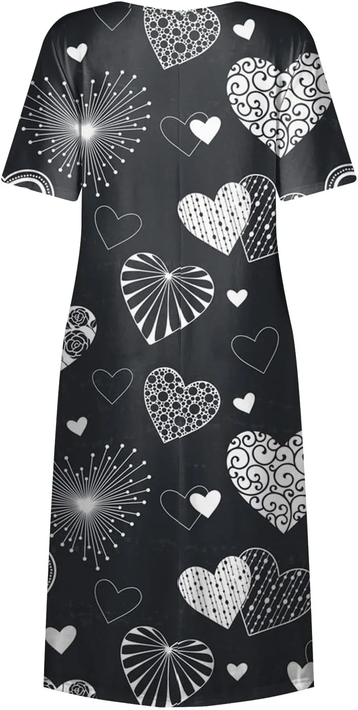Women's Summer Casual Loose Trendy Dress Round Neck Short Sleeve Heart Print Maxi Dresses