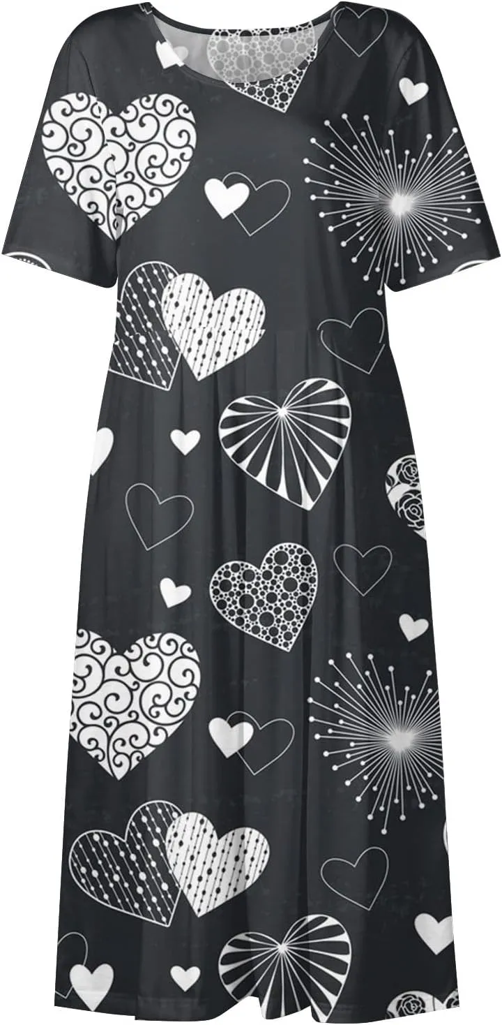 Women's Summer Casual Loose Trendy Dress Round Neck Short Sleeve Heart Print Maxi Dresses