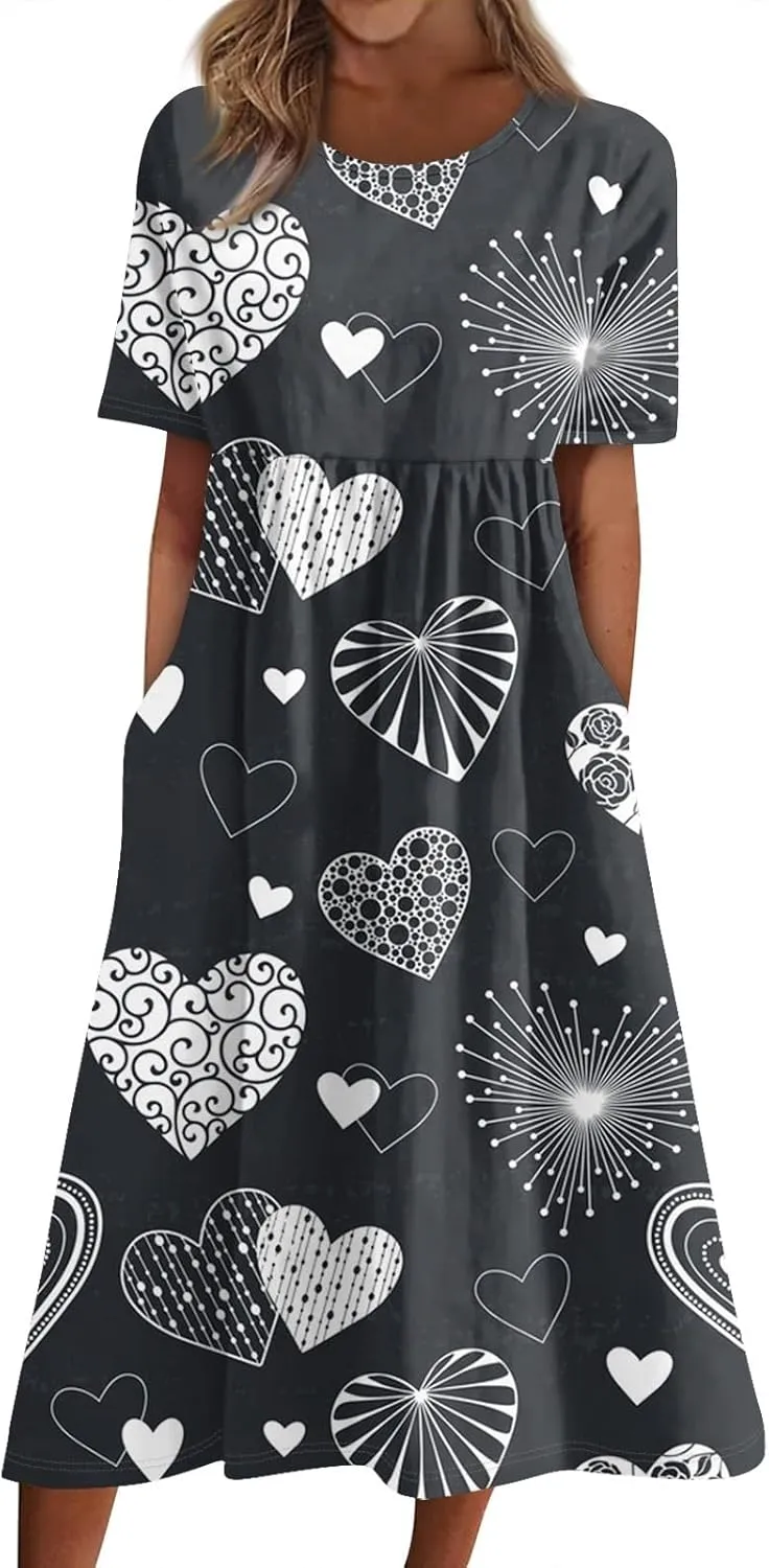 Women's Summer Casual Loose Trendy Dress Round Neck Short Sleeve Heart Print Maxi Dresses