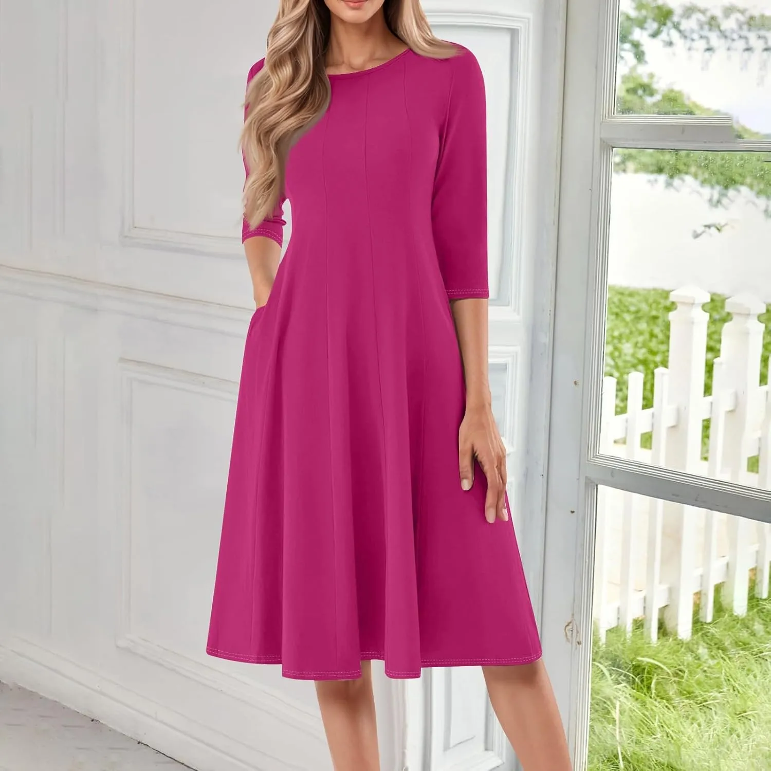 Women's Summer Dresses 2025 Casual Loose Trendy Round Neck 3/4 Sleeve Solid Color Midi Dress Plus Size, S-3XL