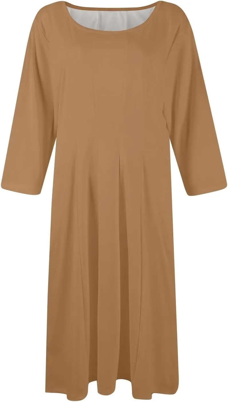 Women's Summer Dresses 2025 Casual Loose Trendy Round Neck 3/4 Sleeve Solid Color Midi Dress Plus Size, S-3XL