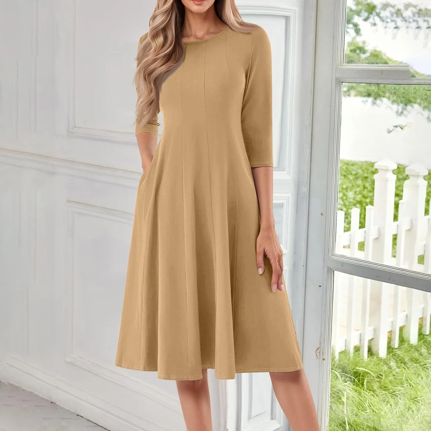 Women's Summer Dresses 2025 Casual Loose Trendy Round Neck 3/4 Sleeve Solid Color Midi Dress Plus Size, S-3XL