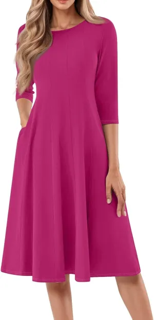 Women's Summer Dresses 2025 Casual Loose Trendy Round Neck 3/4 Sleeve Solid Color Midi Dress Plus Size, S-3XL