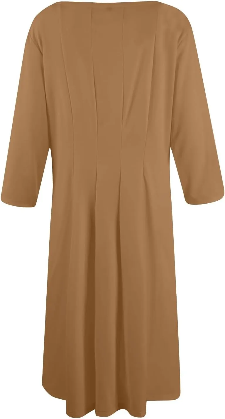 Women's Summer Dresses 2025 Casual Loose Trendy Round Neck 3/4 Sleeve Solid Color Midi Dress Plus Size, S-3XL