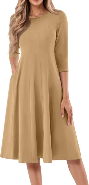 Women's Summer Dresses 2025 Casual Loose Trendy Round Neck 3/4 Sleeve Solid Color Midi Dress Plus Size, S-3XL