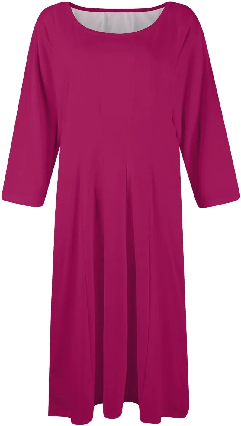 Women's Summer Dresses 2025 Casual Loose Trendy Round Neck 3/4 Sleeve Solid Color Midi Dress Plus Size, S-3XL