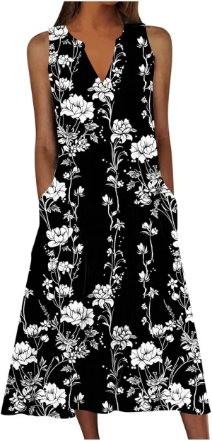Womens Summer Dresses Casual Boho Style Dress Sleeveless Button V Neck Maxi Sundress Beach Vacation Floral Clothes