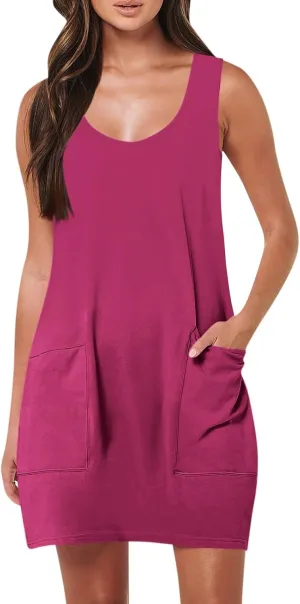 Womens Tank Dresses 2025 Summer Sleeveless Solid Color Sundress Casual A Line Beach Vacation Midi Dress with Pockets